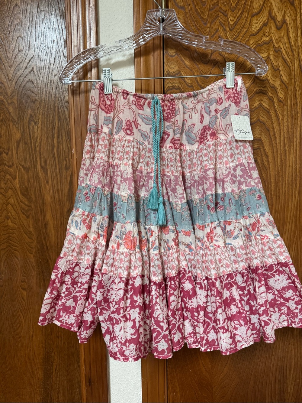 Free People Pink Floral Tiered Mini Skirt with Teal Tassel